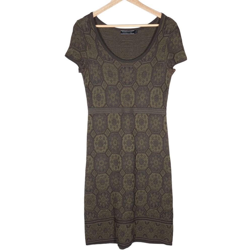 Peruvian Connection Womens Sheath Dress Small Olive Green Knit Short Sleeve Mini
